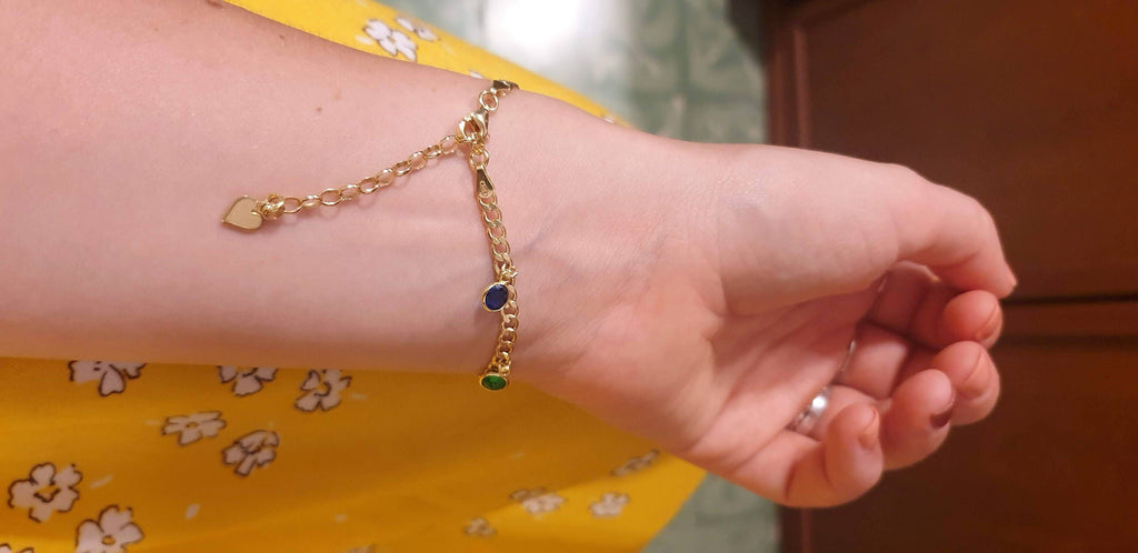 Gold Plated Silver Bracelet – Multicolor Cubic Zirconia Charm – Adjustable Chain