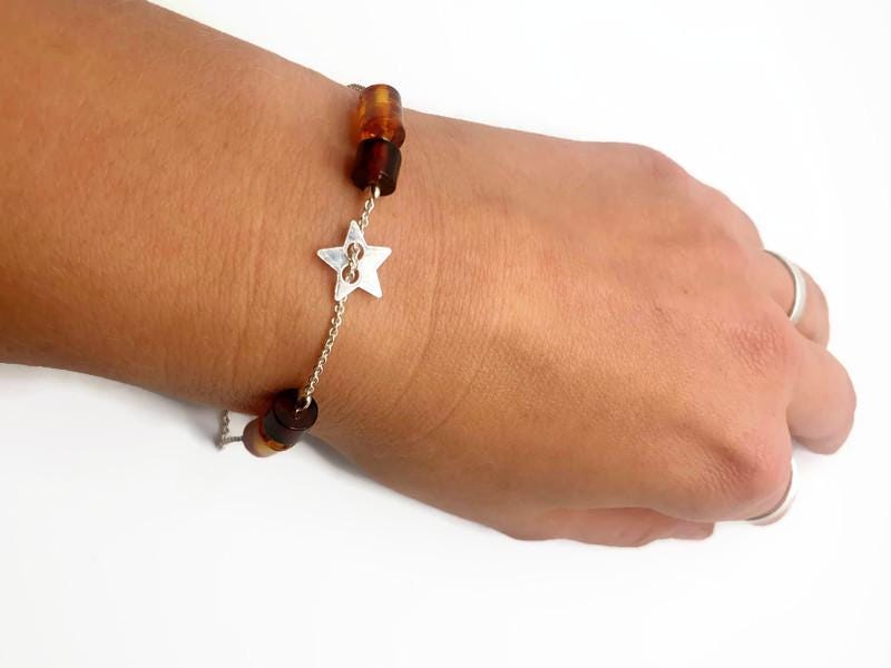 Baltic Amber Bracelet – Adjustable Star Design With Honey Cognac Amber & Sterling Silver