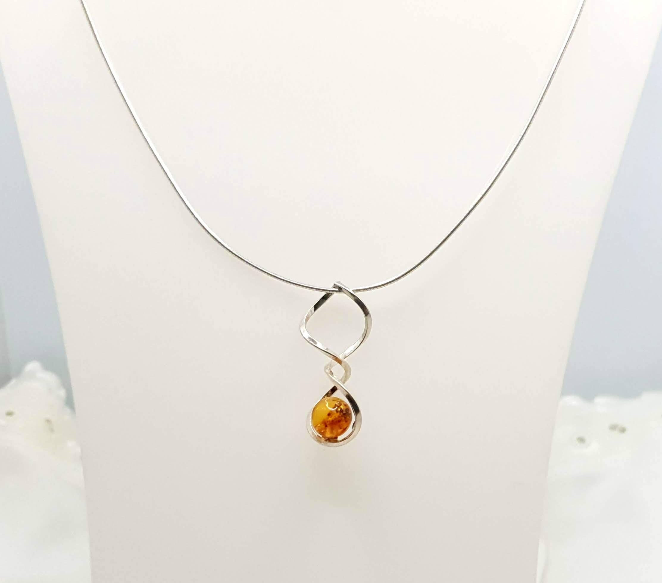Baltic Amber Necklace - Honey Amber Pendant with Sterling Silver Spiral Chain