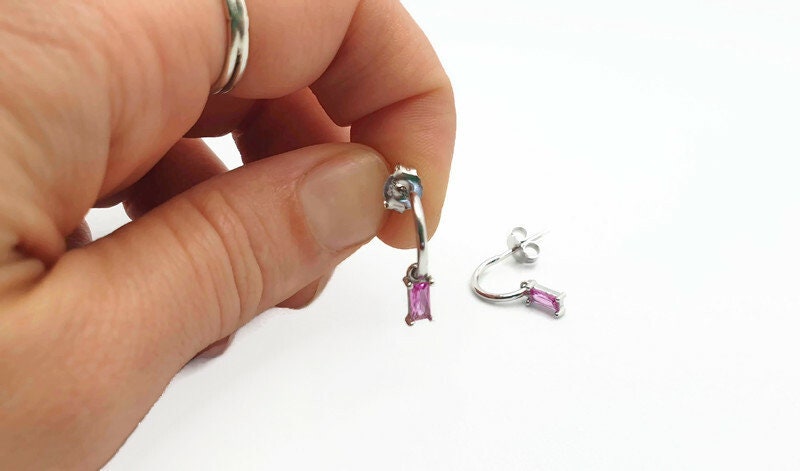Sterling Silver Hoop Earrings – Pink Cubic Zirconia Delicate Ear Cuffs