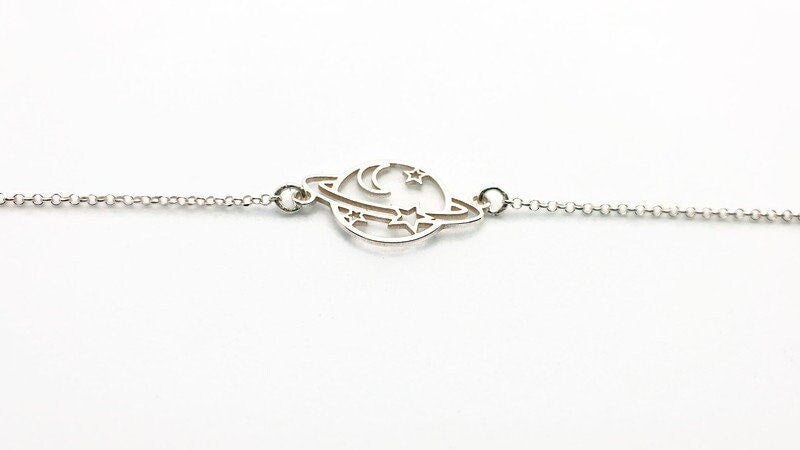 Saturn Planet Sterling Silver Bracelet, Link Chain Bracelet, Celestial Universe Sky Jewelry