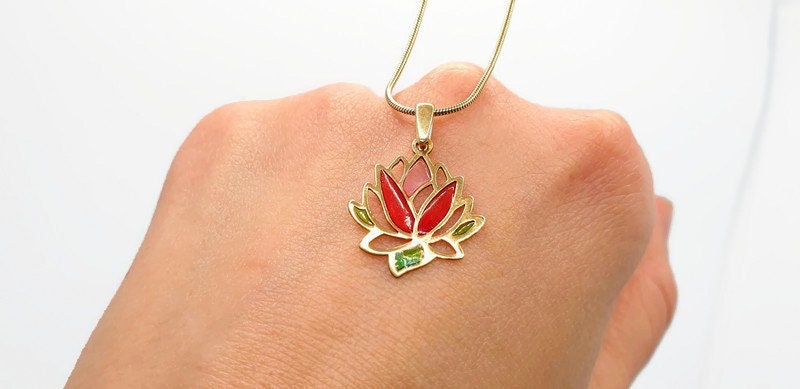 Gold Plated Silver Lotus Flower Necklace: Colorful Resin Floral Pendant