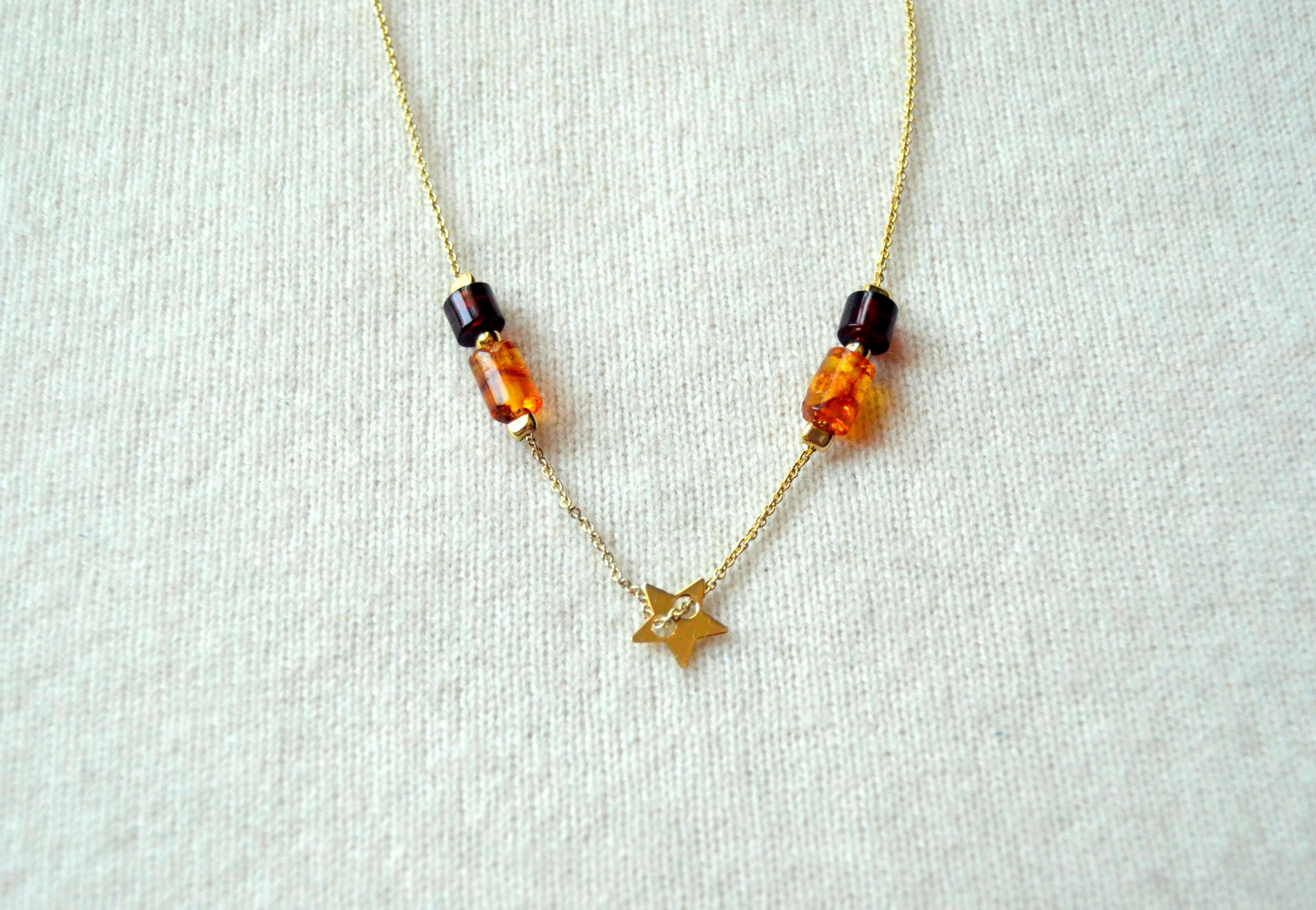 Baltic Amber Necklace Gold Plated - Adjustable Barrel Cut Amber Chain & Cherry Star Charm