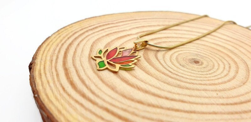 Gold Plated Silver Lotus Flower Necklace: Colorful Resin Floral Pendant