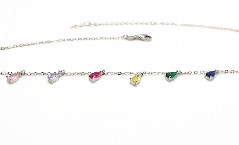 Sterling Silver Necklace | Multicolor Cubic Zirconia Teardrop Pendant - Adjustable Length