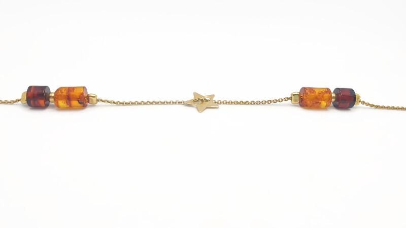 Baltic Amber Necklace Gold Plated - Adjustable Barrel Cut Amber Chain & Cherry Star Charm