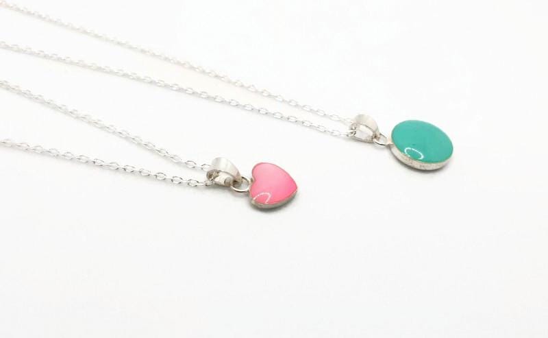 Sterling Silver Enamel Pendant Necklace: Heart or Circle Charm