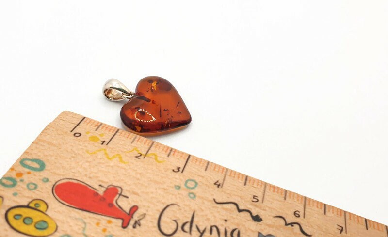 Baltic Amber Pendant - Handmade Cognac Amber Heart Shaped Jewelry with Sterling Silver