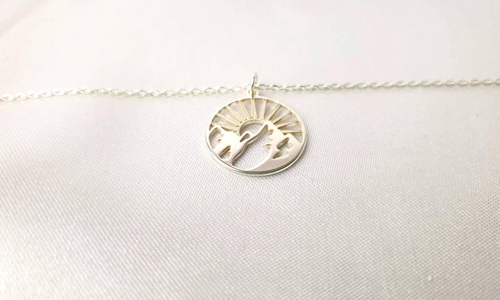 Mountain Sunburst Necklace - Sterling Silver Pendant with Adjustable Chain for Travel Jewelry