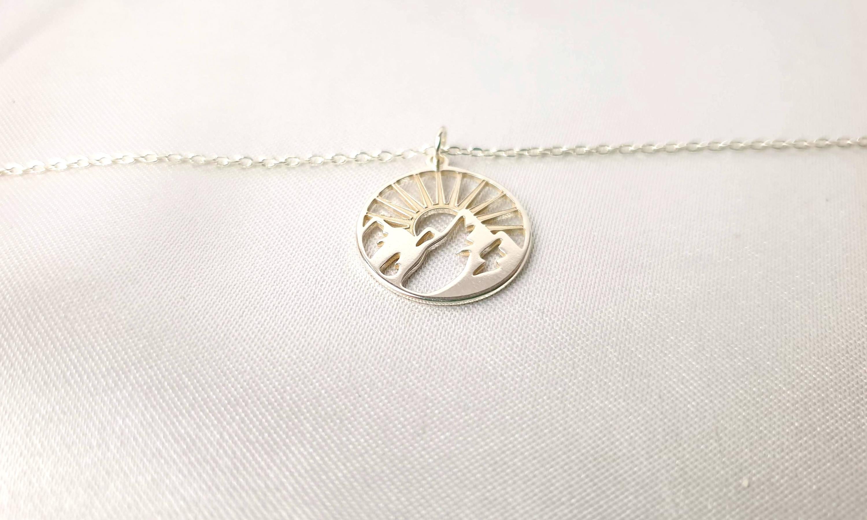 Mountain Sunburst Necklace - Sterling Silver Pendant with Adjustable Chain for Travel Jewelry