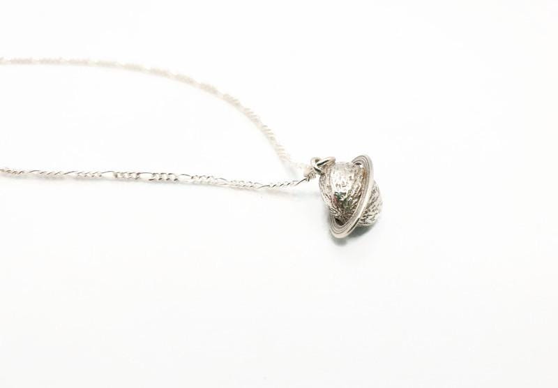 Sterling Silver Saturn Planet Pendant Necklace with long Chain,Celestial Jewelry