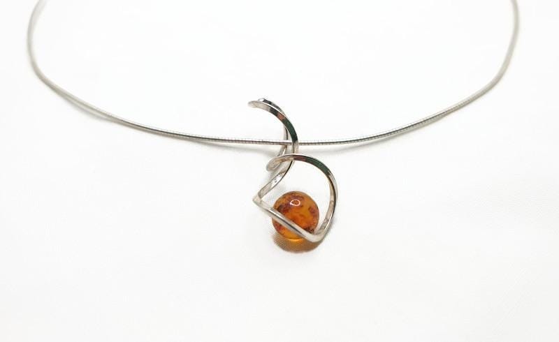 Baltic Amber Necklace - Honey Amber Pendant with Sterling Silver Spiral Chain