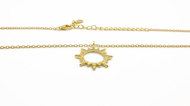 Gold Plated Silver Sunburst Necklace: Boho Cubic Zirconia Sun Pendant