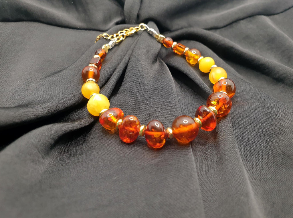 Baltic Amber Bracelet – Cognac Amber Beads, Gold Hematite Spacer & Sterling Silver Jewelry