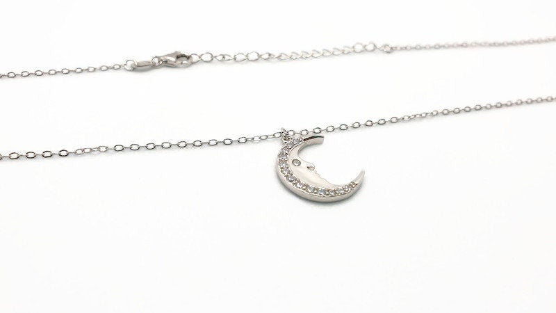 Sterling Silver Crescent Moon Necklace: Zircon Celestial Pendant