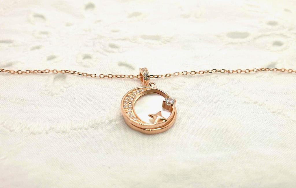 Rose Gold Crescent Moon Necklace: Mother of Pearl Star Pendant