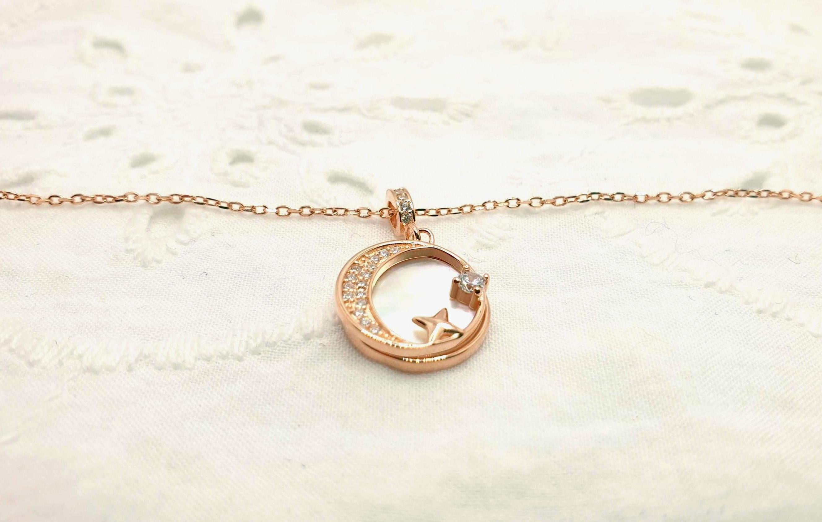 Rose Gold Crescent Moon Necklace: Mother of Pearl Star Pendant