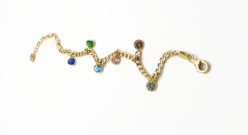 Gold Plated Silver Bracelet – Multicolor Cubic Zirconia Charm – Adjustable Chain