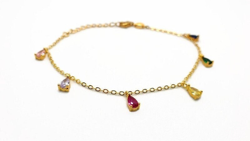 Gold Plated Bracelet – 18K Silver Chain With Multicolor Cubic Zirconia Charms
