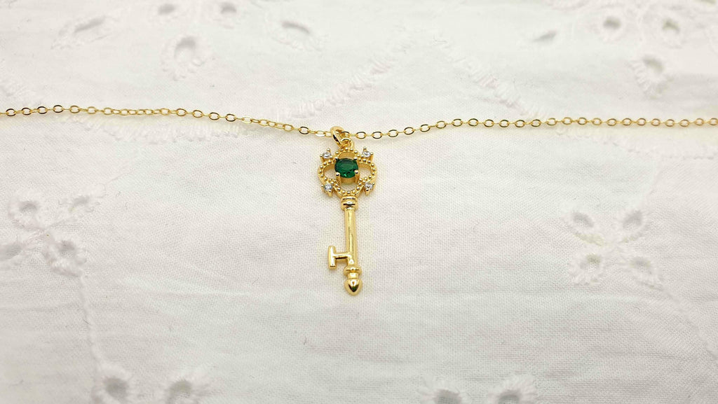 Gold Plated Silver Key Necklace: Green Cubic Zirconia Pendant