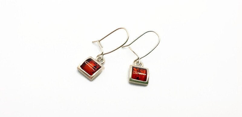 Baltic Amber Earrings - Sterling Silver Square Dangle Earrings Cognac & Green