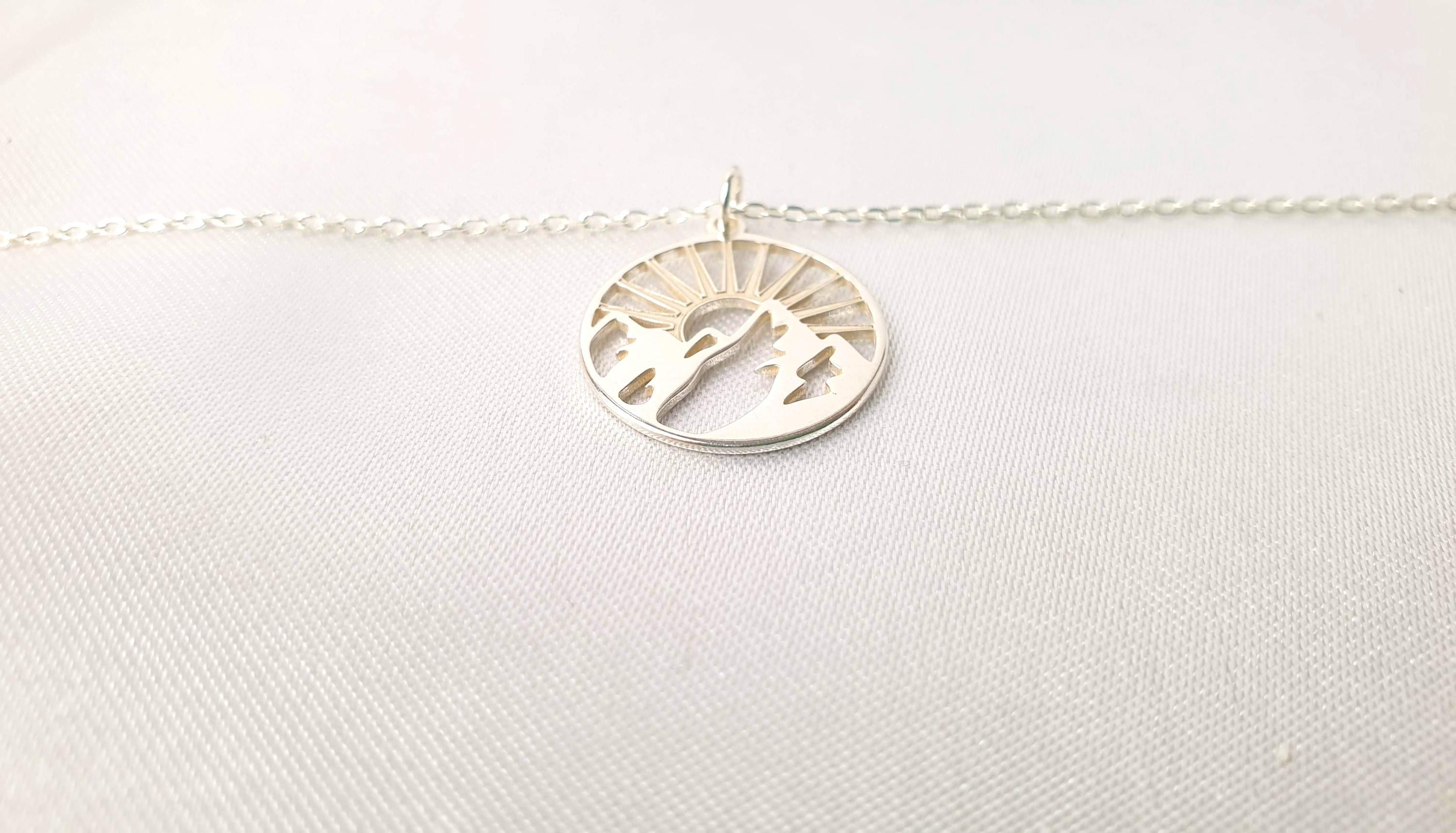 Mountain Sunburst Necklace - Sterling Silver Pendant with Adjustable Chain for Travel Jewelry