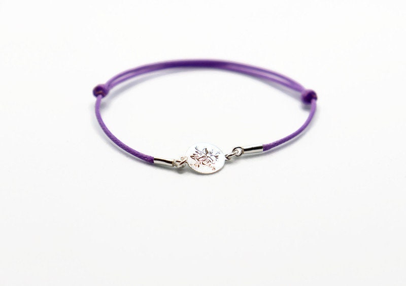 Sterling Silver Rose Bracelet – Adjustable Lavender Cord With Engraved Flower Charm