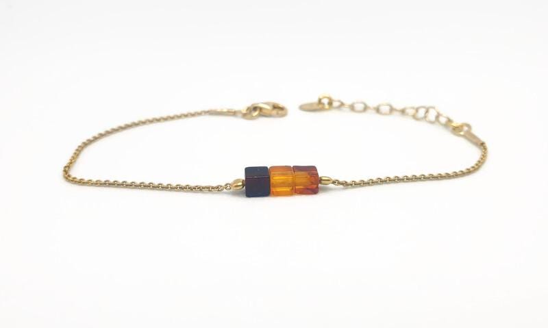 Baltic Amber Bracelet – Minimalist Gold Plated Silver Link with Multicolor Amber Beads