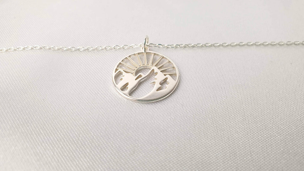 Mountain Sunburst Necklace - Sterling Silver Pendant with Adjustable Chain for Travel Jewelry