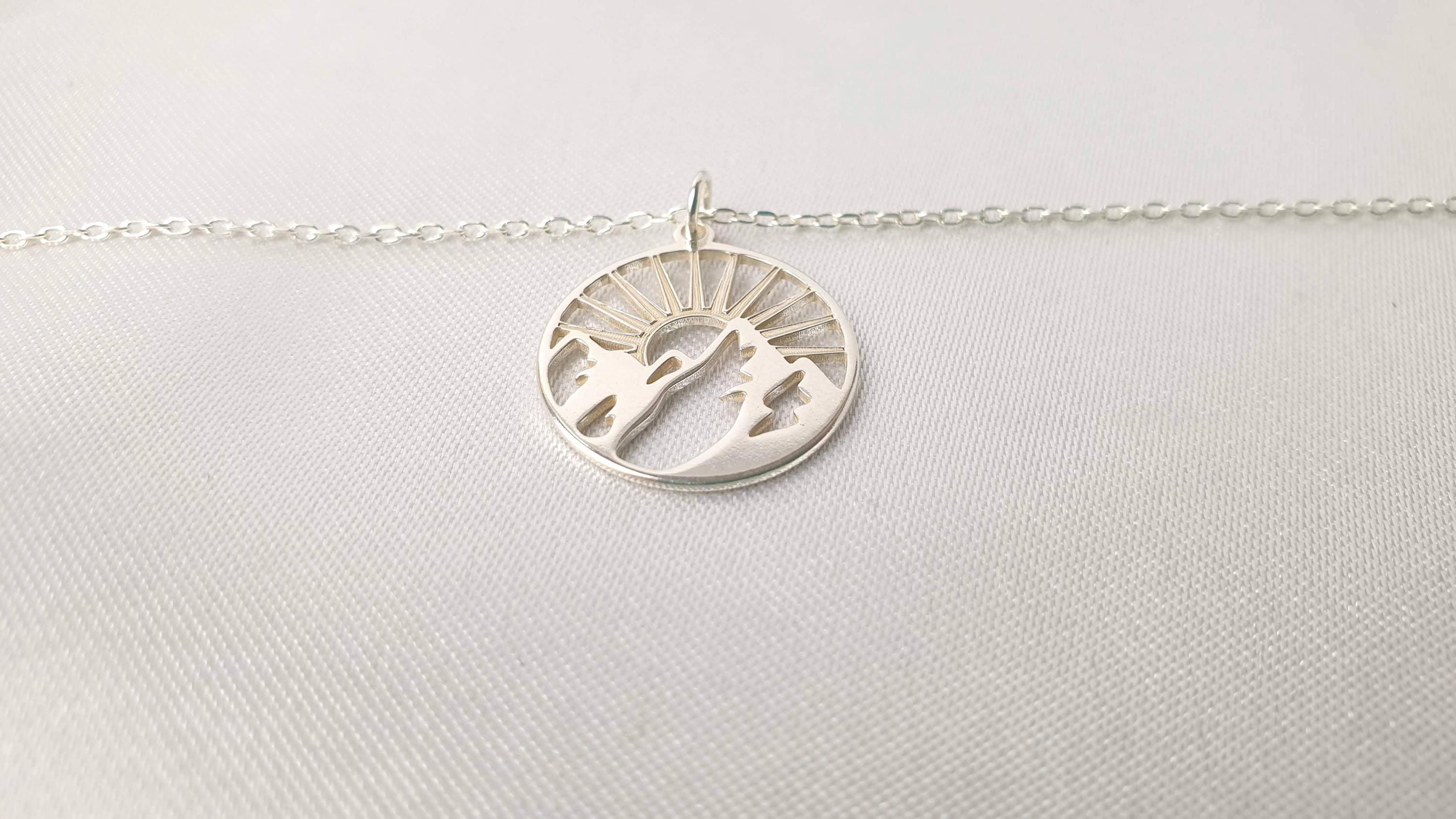 Mountain Sunburst Necklace - Sterling Silver Pendant with Adjustable Chain for Travel Jewelry
