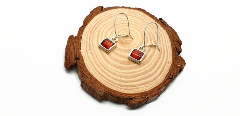 Baltic Amber Earrings - Sterling Silver Square Dangle Earrings Cognac & Green