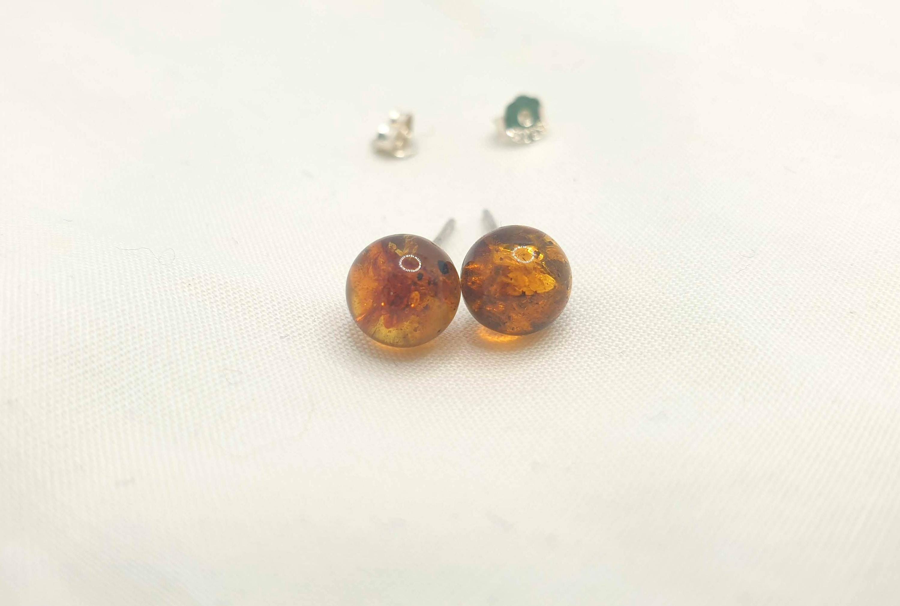 Baltic Amber Earrings – Cognac Amber Jewelry | Sterling Silver Studs, Minimalist Style