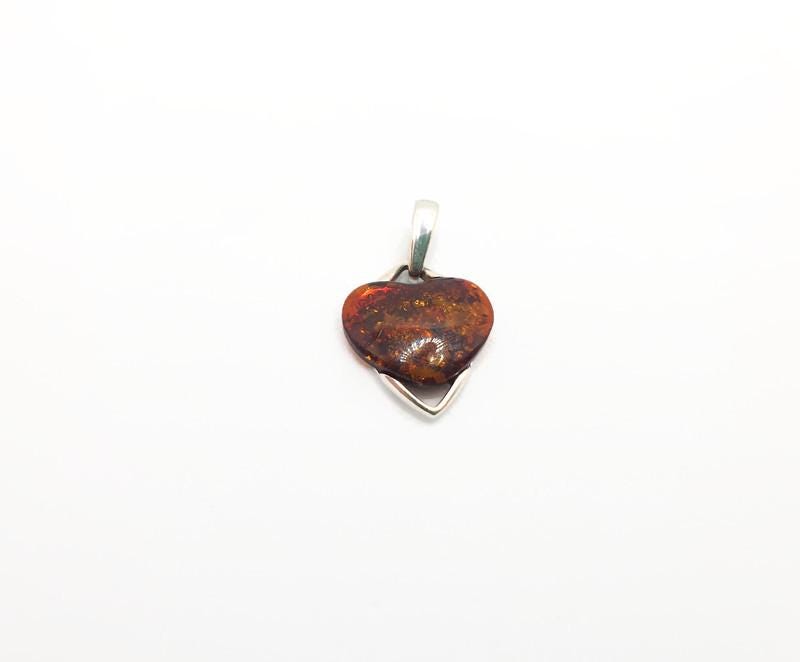 Baltic Amber Pendant – Hand Carved Amber Heart Pendant in Sterling Silver