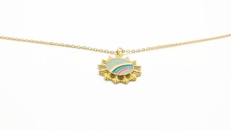 Gold Plated Sunburst Necklace: Rainbow Enamel Pendant
