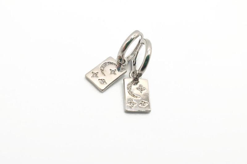 Hoop Earrings with dangle rectangle Moon and Stars in Sterling Silver, Crescent Moon Earrings, Lunar Celestial Jewelry