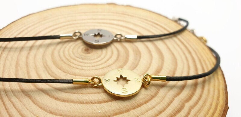 Wind Rose Bracelet – Adjustable Silver Or Gold Plated Leather Cord Jewelry
