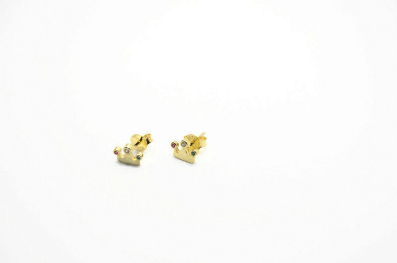 Gold Plated Crown Earrings: Cubic Zirconia Studs