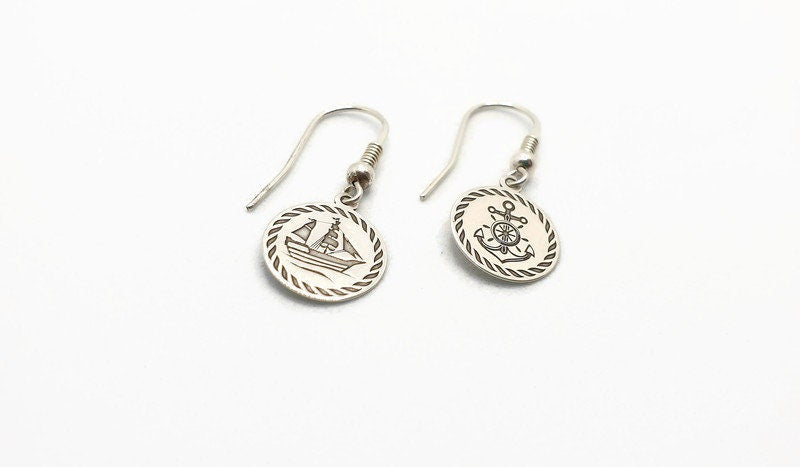 Sterling Silver Earrings - Nautical Dangle Earrings with Anchor Ship Charms
