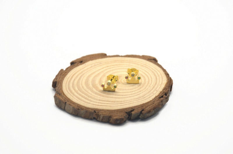Gold Plated Crown Earrings: Cubic Zirconia Studs