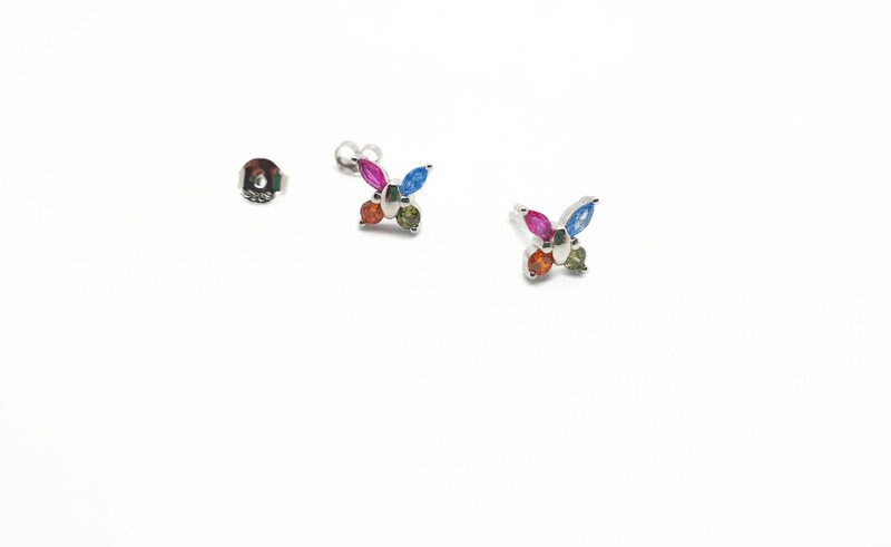 Butterfly Stud Earrings – Sterling Silver Studs with Colorful Cubic Zirconia Gems