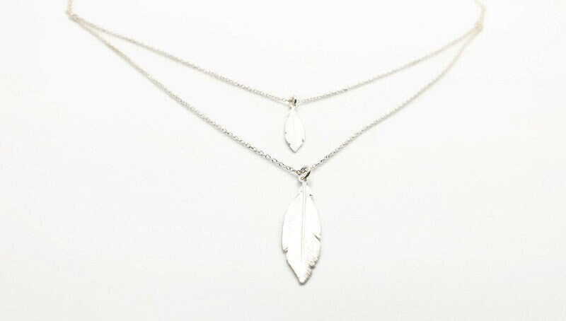 Boho Feather Necklace – Two Strand Double Chain Silver Pendant | Tribal Style Jewelry
