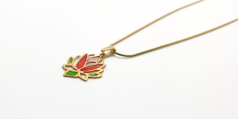 Gold Plated Silver Lotus Flower Necklace: Colorful Resin Floral Pendant