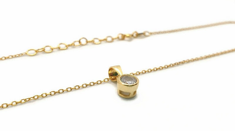 Cubic Zirconia and 18K Gold Plated Silver Necklace, Minimalist Elegant Pendant, Gemstone Quartz Jewelry
