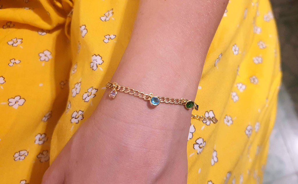 Gold Plated Silver Bracelet – Multicolor Cubic Zirconia Charm – Adjustable Chain