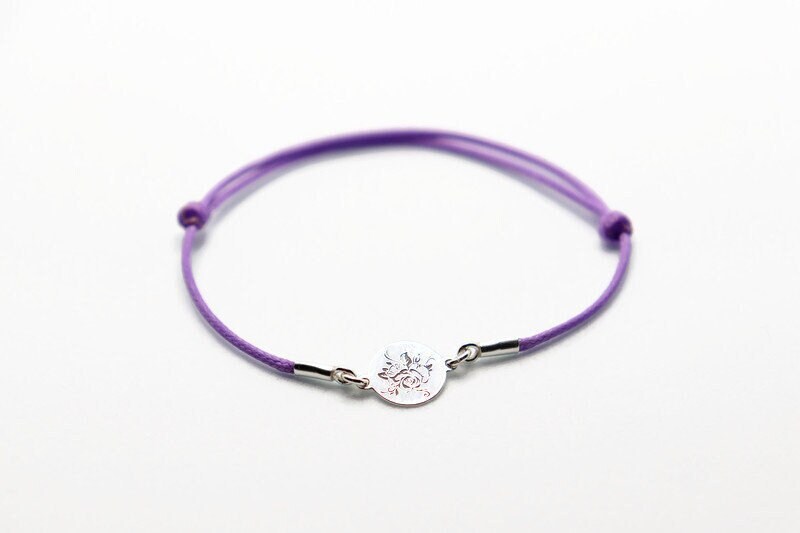 Sterling Silver Rose Bracelet – Adjustable Lavender Cord With Engraved Flower Charm