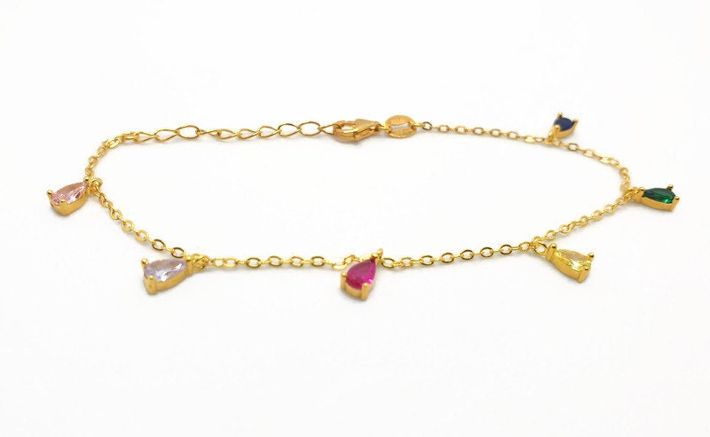 Gold Plated Bracelet – 18K Silver Chain With Multicolor Cubic Zirconia Charms