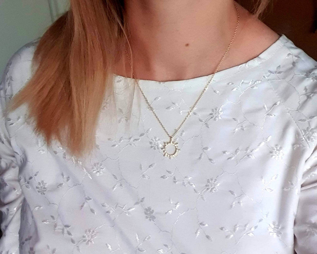 Gold Plated Silver Sunburst Necklace: Boho Cubic Zirconia Sun Pendant