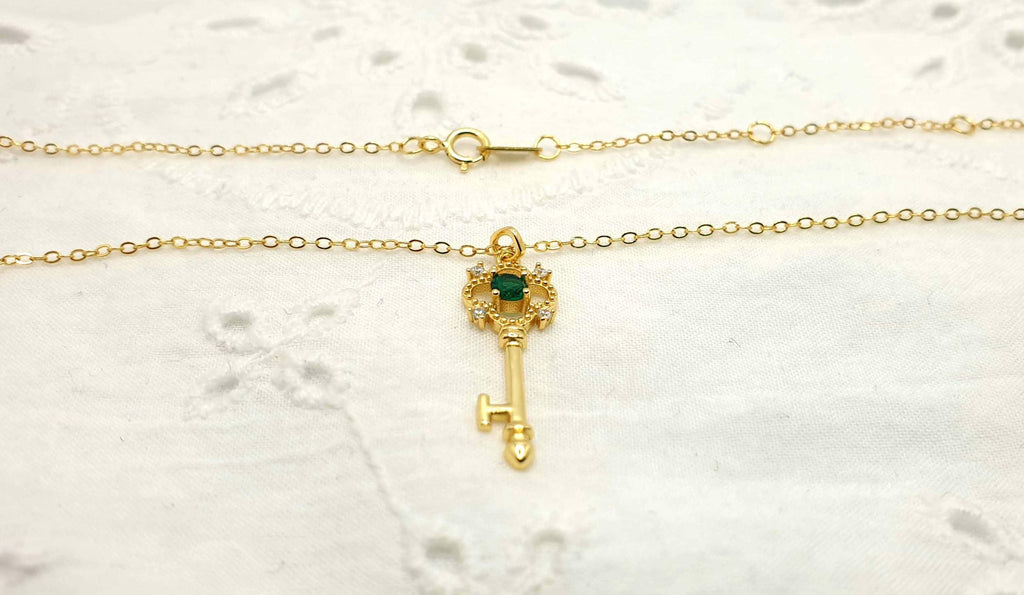 Gold Plated Silver Key Necklace: Green Cubic Zirconia Pendant