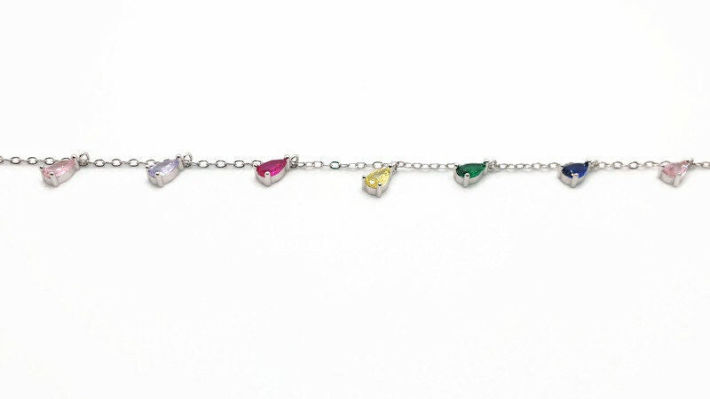 Sterling Silver Necklace | Multicolor Cubic Zirconia Teardrop Pendant - Adjustable Length