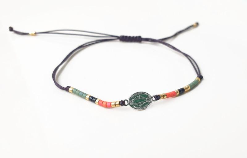 Silver and Japanese Miyuki Seed Beads, Miraculous Mary Medal Bracelet, Adjustable String Threat Silde Bracelet